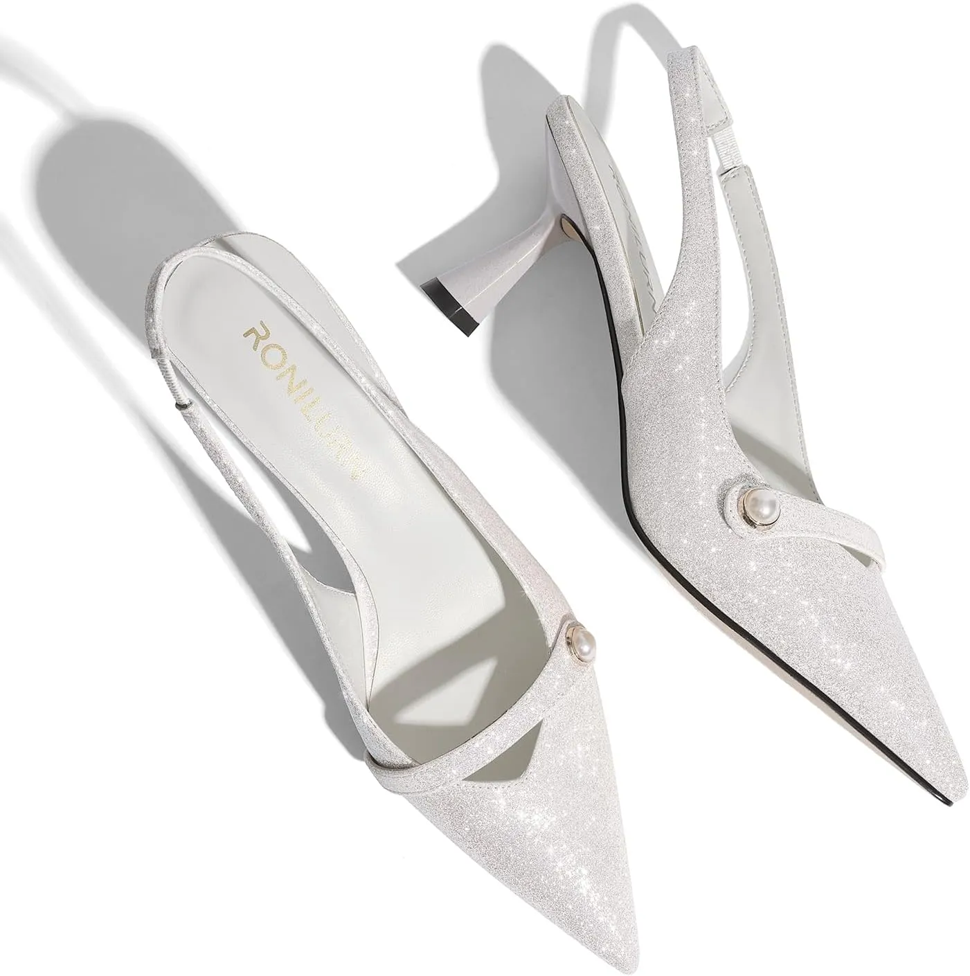 Women Kitten Heels Slingback Low Heel Pumps Dress Shoes for Women Closed Pointed Toe Pearl Heels for Work Wedding Bridal