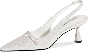 Women Kitten Heels Slingback Low Heel Pumps Dress Shoes for Women Closed Pointed Toe Pearl Heels for Work Wedding Bridal