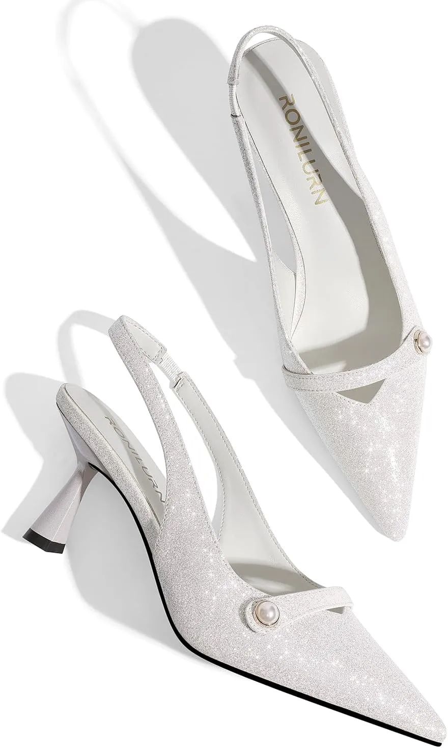 Women Kitten Heels Slingback Low Heel Pumps Dress Shoes for Women Closed Pointed Toe Pearl Heels for Work Wedding Bridal