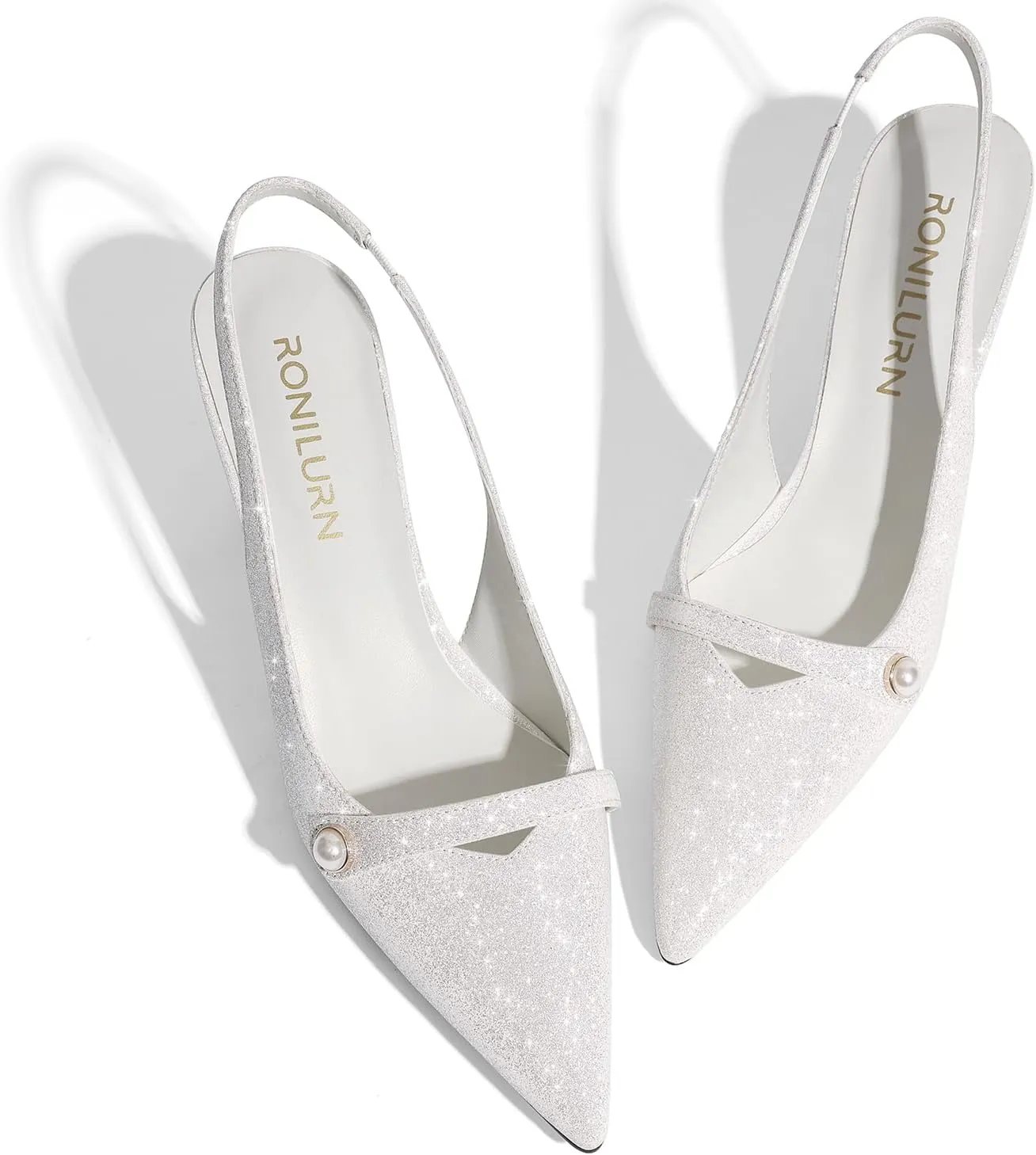 Women Kitten Heels Slingback Low Heel Pumps Dress Shoes for Women Closed Pointed Toe Pearl Heels for Work Wedding Bridal