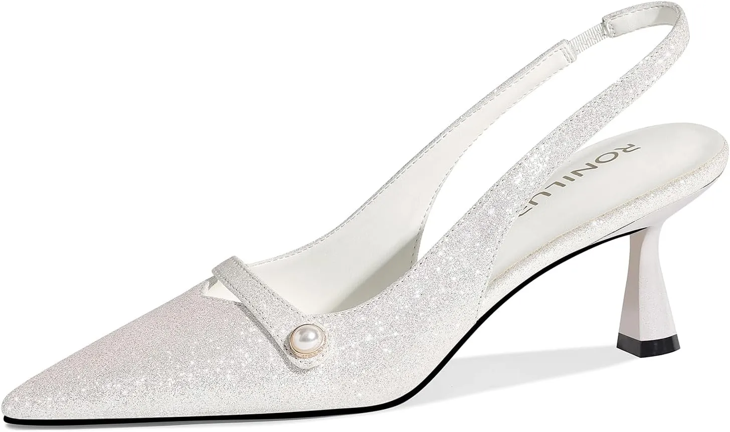 Women Kitten Heels Slingback Low Heel Pumps Dress Shoes for Women Closed Pointed Toe Pearl Heels for Work Wedding Bridal
