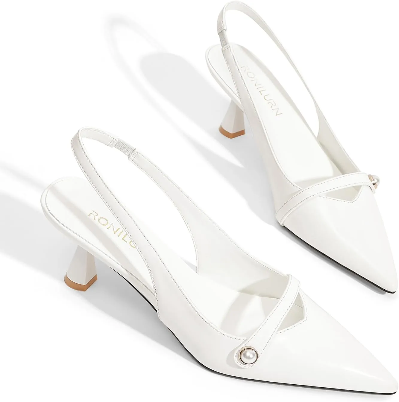 Women Kitten Heels Slingback Low Heel Pumps Dress Shoes for Women Closed Pointed Toe Pearl Heels for Work Wedding Bridal