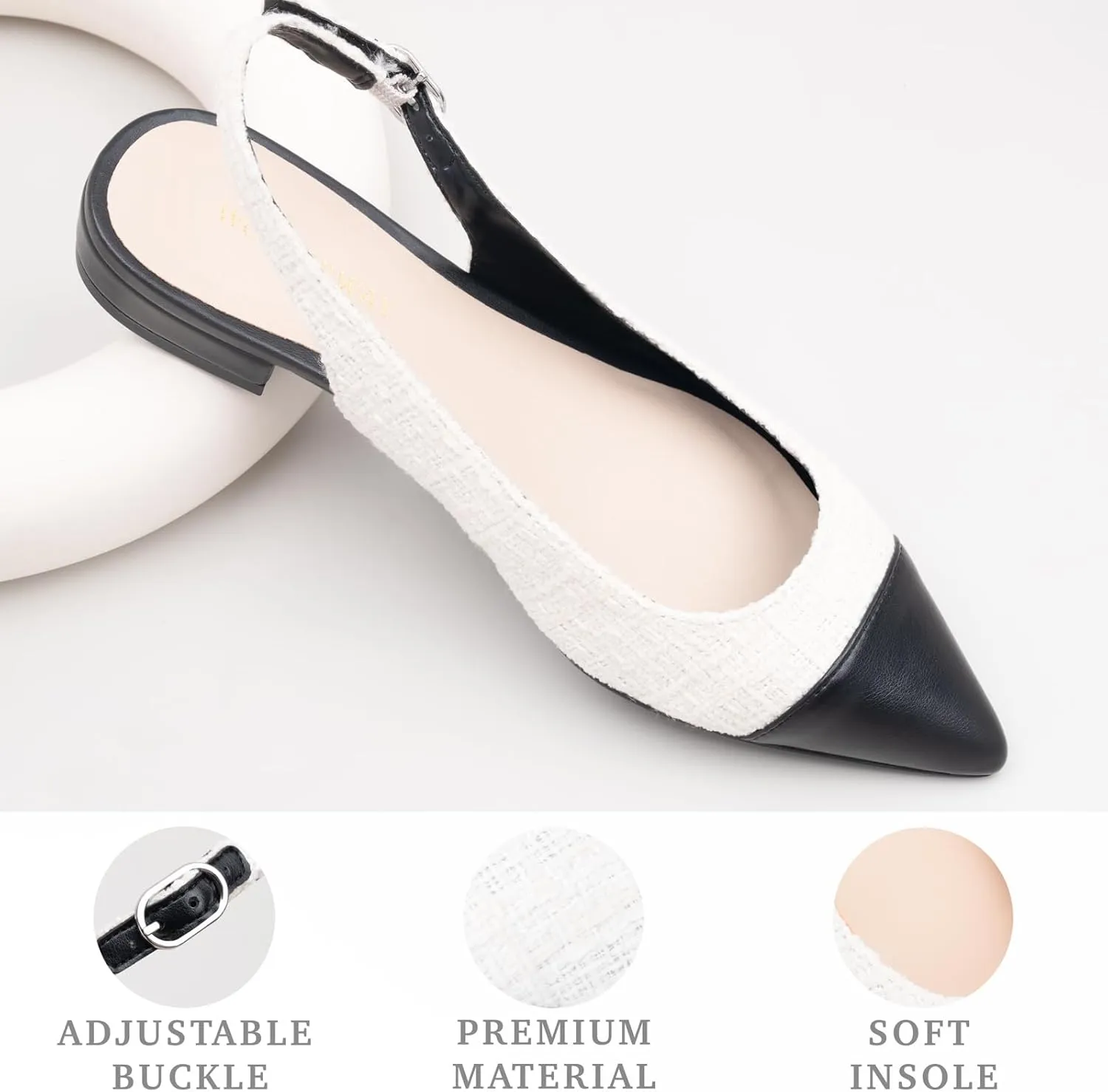 Women Slingback Flats Tweed Pointed Toe Slingback Flats Cap Toe Dress Shoes for Women