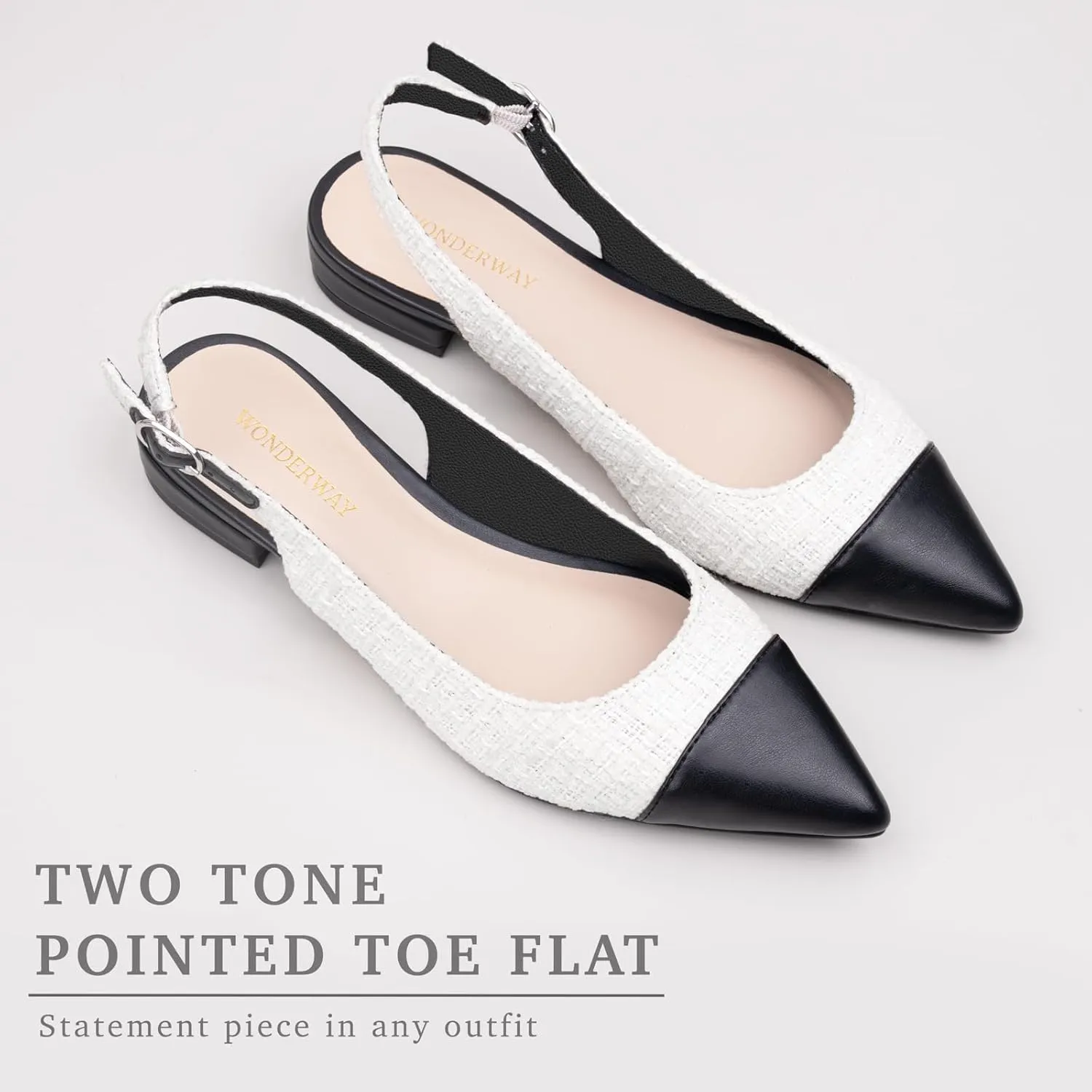 Women Slingback Flats Tweed Pointed Toe Slingback Flats Cap Toe Dress Shoes for Women