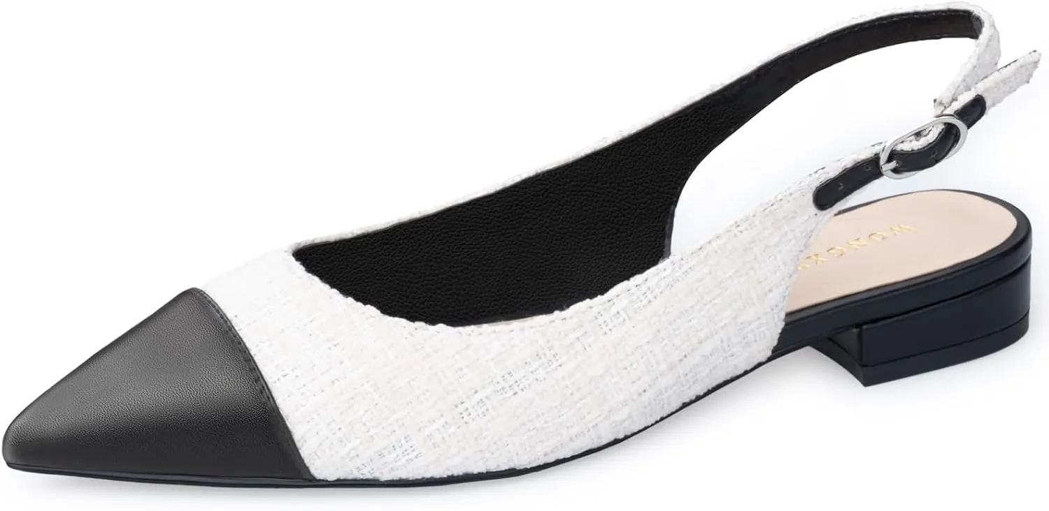 Women Slingback Flats Tweed Pointed Toe Slingback Flats Cap Toe Dress Shoes for Women