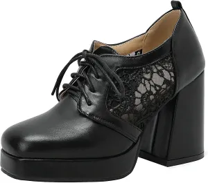 Women Square Toe Oxford Shoes Patent Leather Lace up Chunky Heel Brogue Booties Platform High Heel Pumps