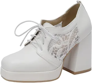 Women Square Toe Oxford Shoes Patent Leather Lace up Chunky Heel Brogue Booties Platform High Heel Pumps