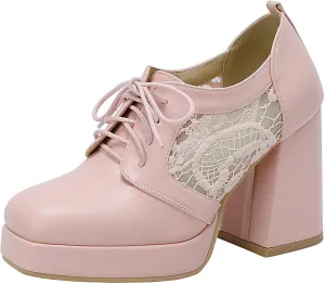 Women Square Toe Oxford Shoes Patent Leather Lace up Chunky Heel Brogue Booties Platform High Heel Pumps