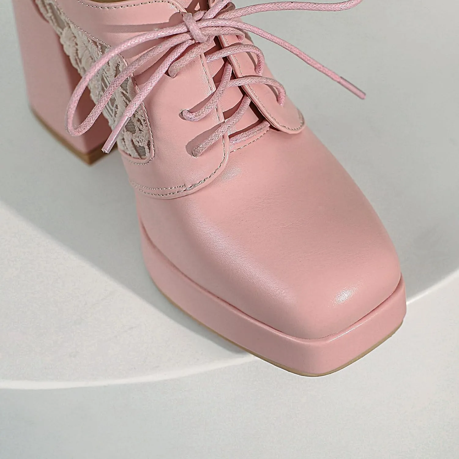 Women Square Toe Oxford Shoes Patent Leather Lace up Chunky Heel Brogue Booties Platform High Heel Pumps