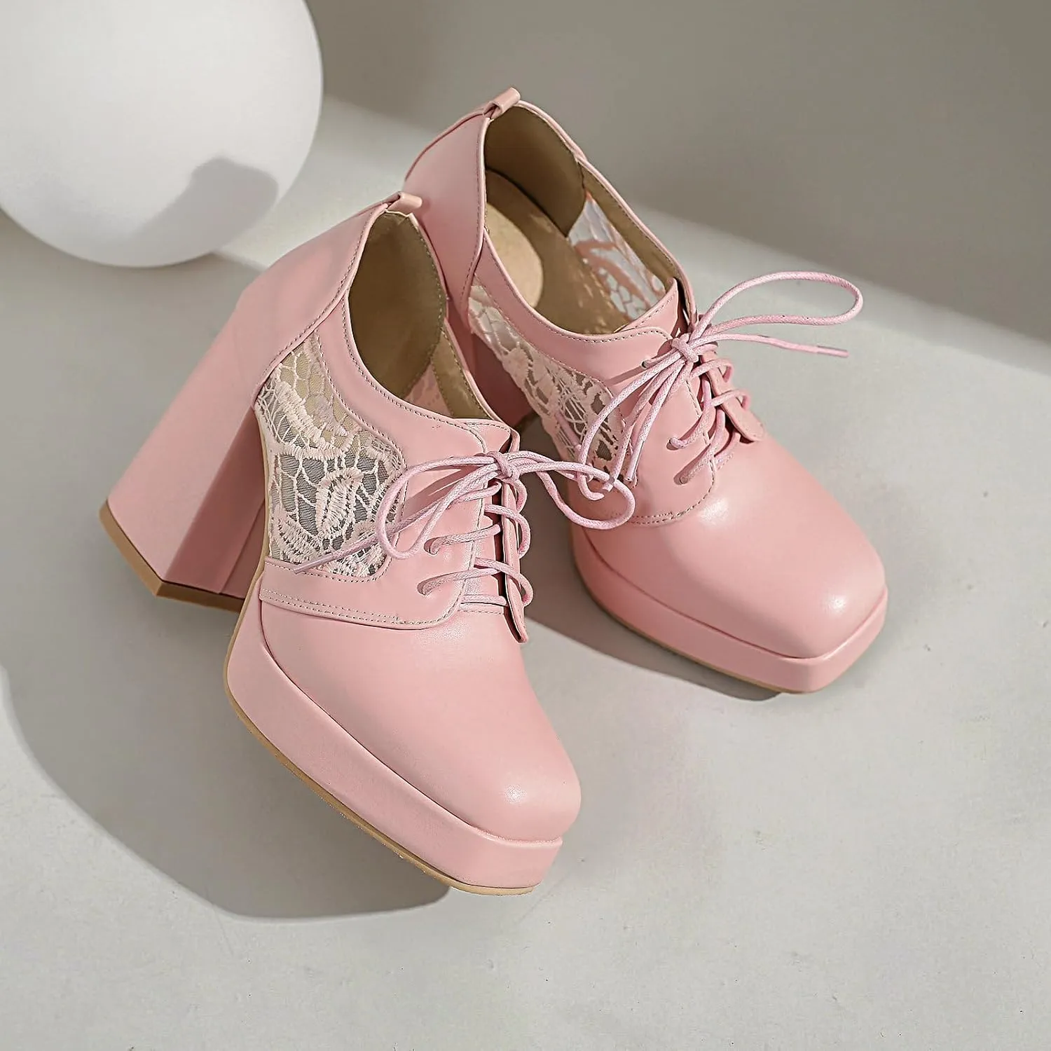Women Square Toe Oxford Shoes Patent Leather Lace up Chunky Heel Brogue Booties Platform High Heel Pumps