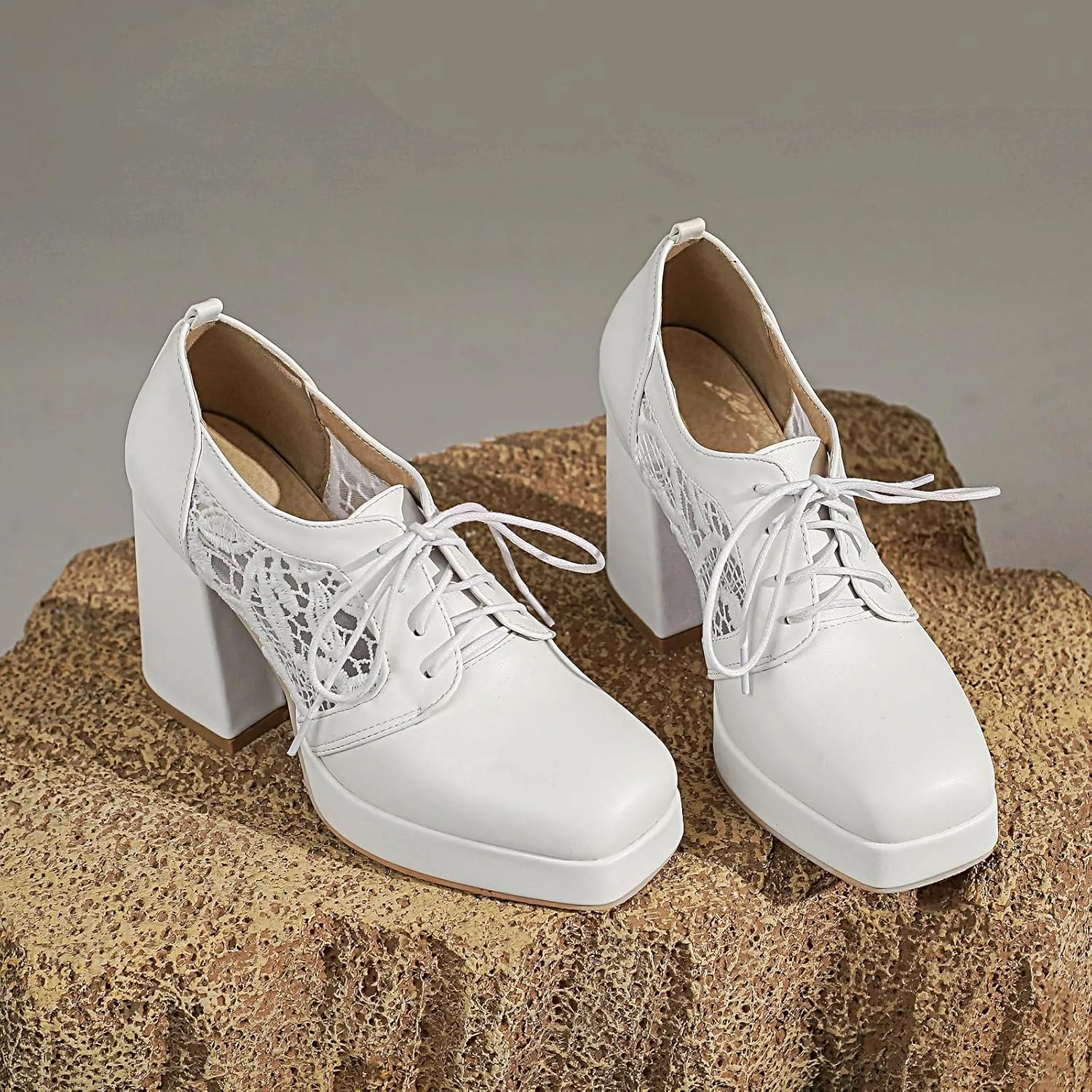 Women Square Toe Oxford Shoes Patent Leather Lace up Chunky Heel Brogue Booties Platform High Heel Pumps