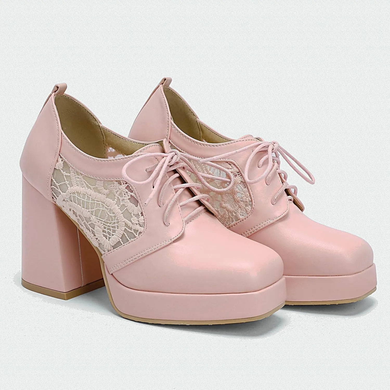 Women Square Toe Oxford Shoes Patent Leather Lace up Chunky Heel Brogue Booties Platform High Heel Pumps