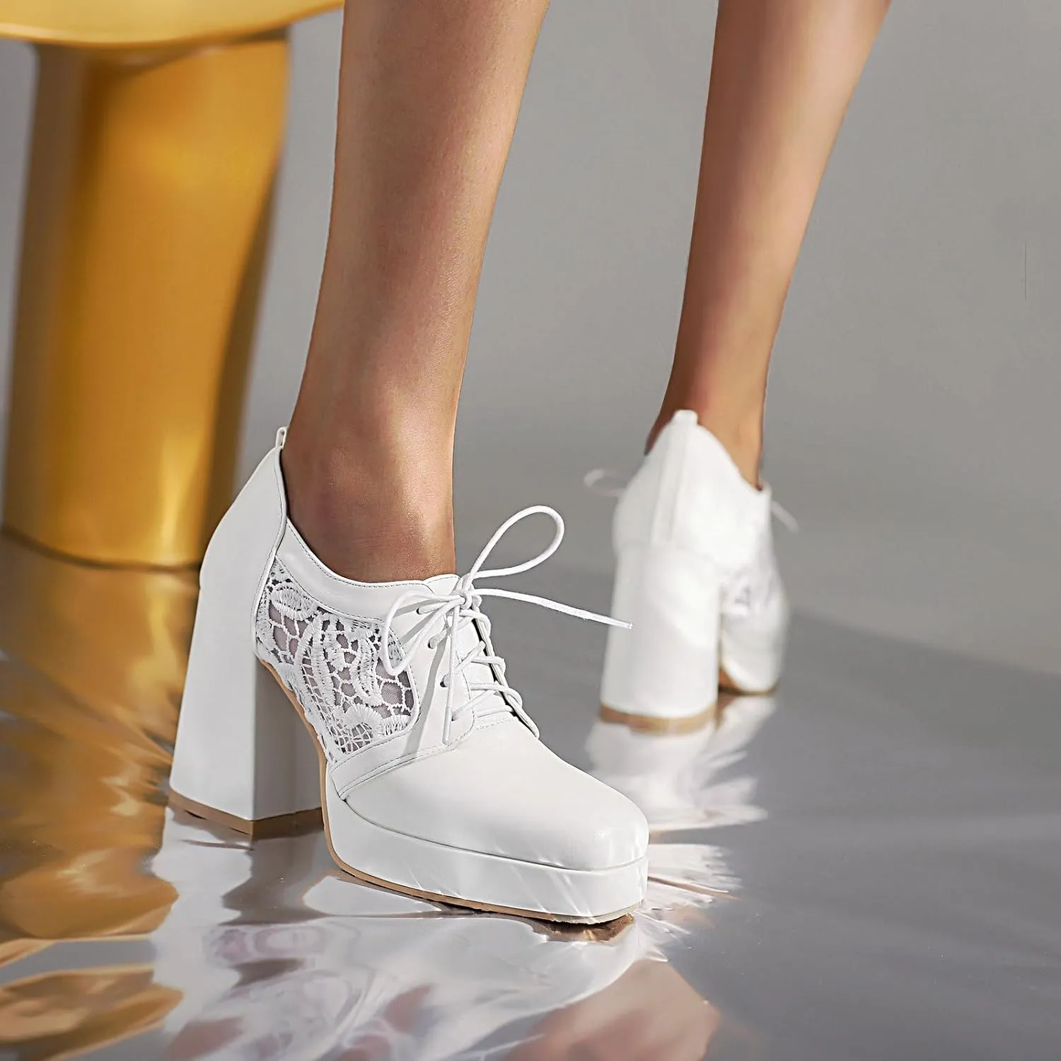 Women Square Toe Oxford Shoes Patent Leather Lace up Chunky Heel Brogue Booties Platform High Heel Pumps
