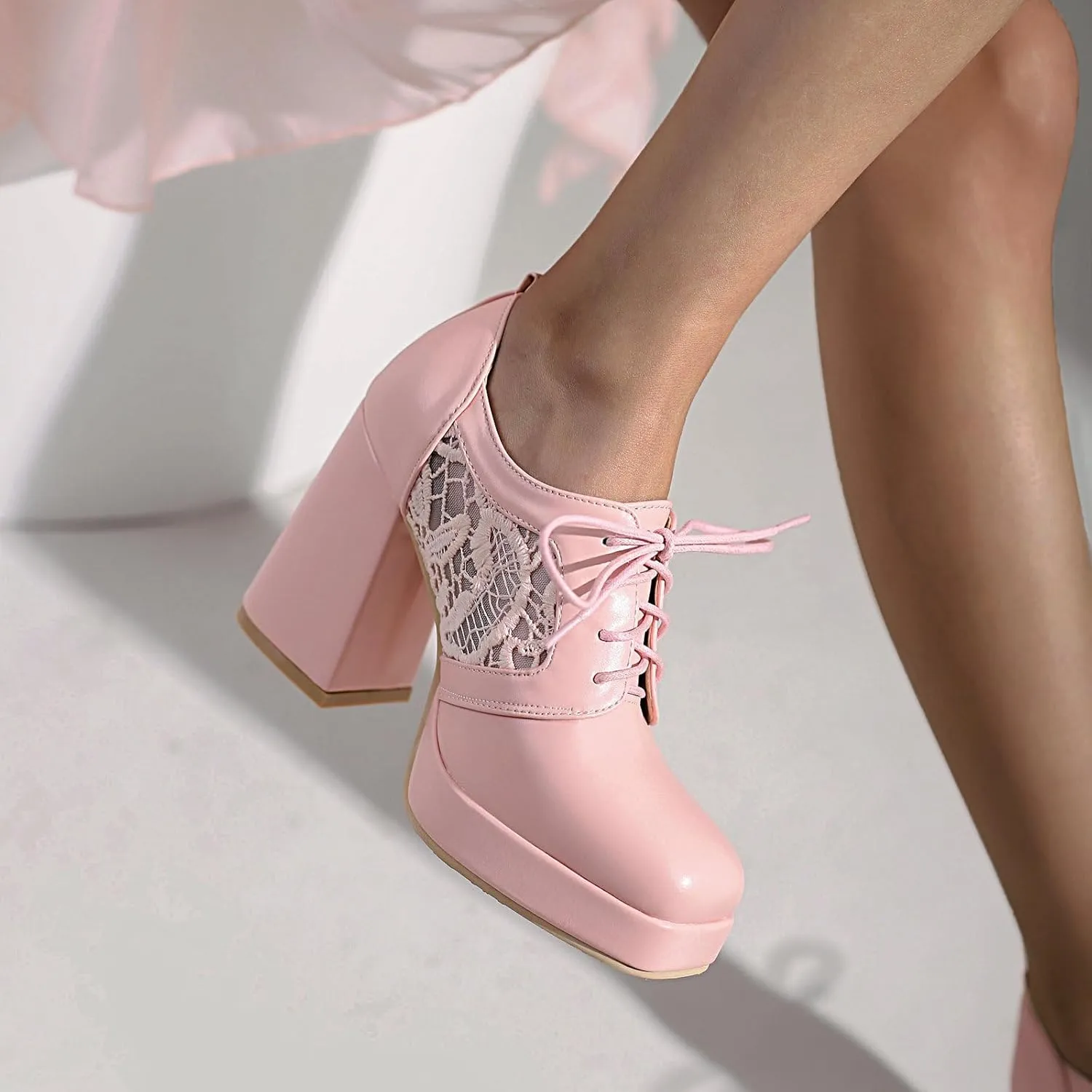 Women Square Toe Oxford Shoes Patent Leather Lace up Chunky Heel Brogue Booties Platform High Heel Pumps