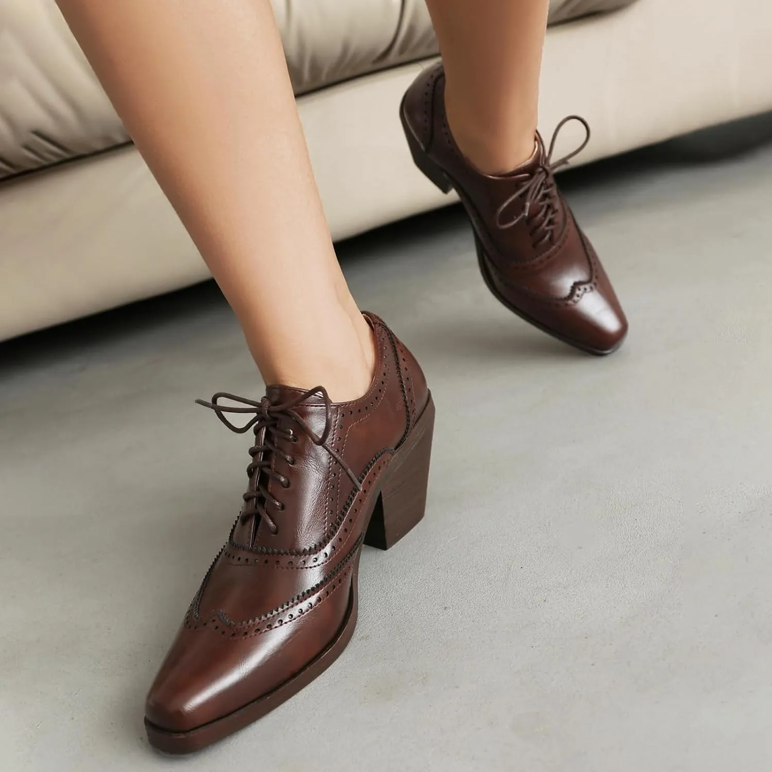 Women Square Toe Oxford Shoes Vintage Wingtip Block Heel Pumps Lace Up Brogue Dress Shoes