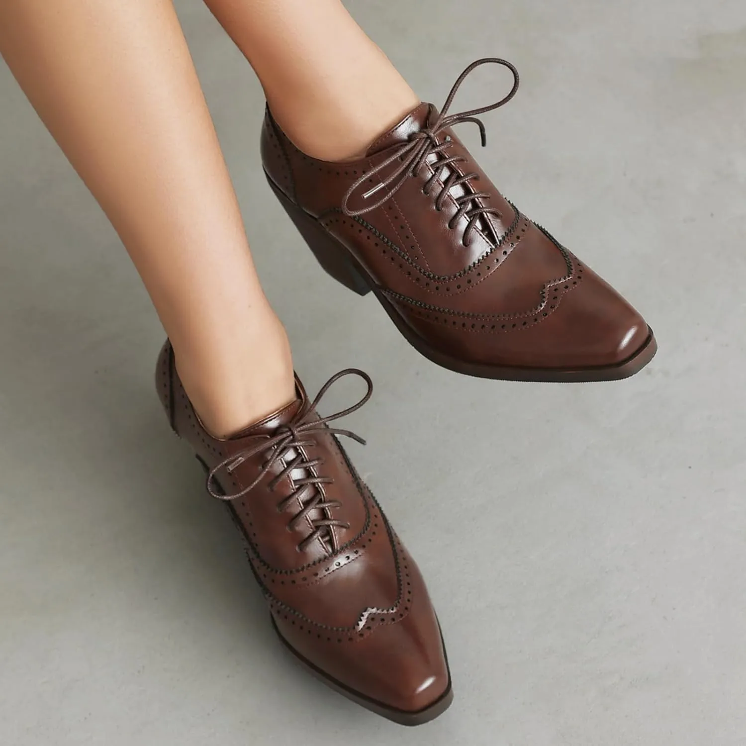 Women Square Toe Oxford Shoes Vintage Wingtip Block Heel Pumps Lace Up Brogue Dress Shoes