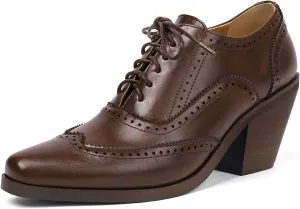 Women Square Toe Oxford Shoes Vintage Wingtip Block Heel Pumps Lace Up Brogue Dress Shoes