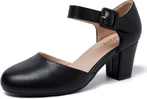 Women's Ankle Strap Pumps Closed Round Toe Buckle Low Chunky Block Heel D'Orsay Sandals Comfortable Dress Wedding Party Office Shoes