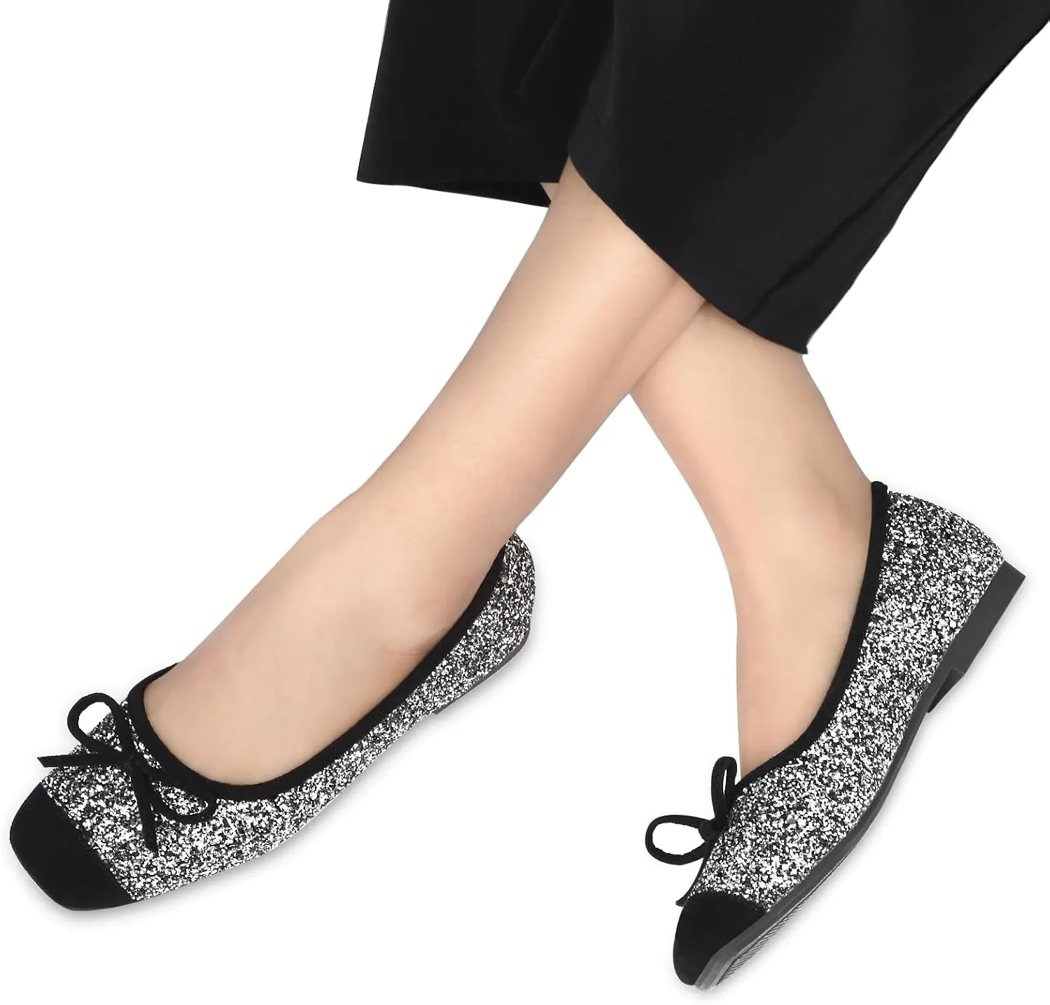 Women's Ballet Flats Cap Toe Bow Flats Two Tone Slip On Flats Comfort Square Toe Dressy Flat Shoes for Casual Work