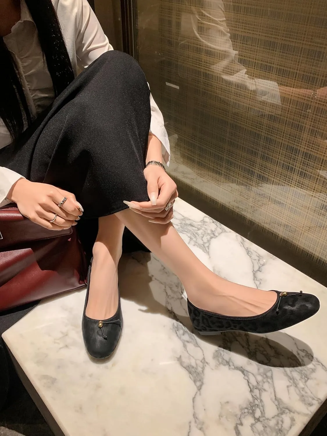 Women's Ballet Flats, Genuine Leather with Leopard Print, Slip-On Comfort Shoes with 1cm Low Heel, Soft Pigskin Lining and Stylish Metal Detail