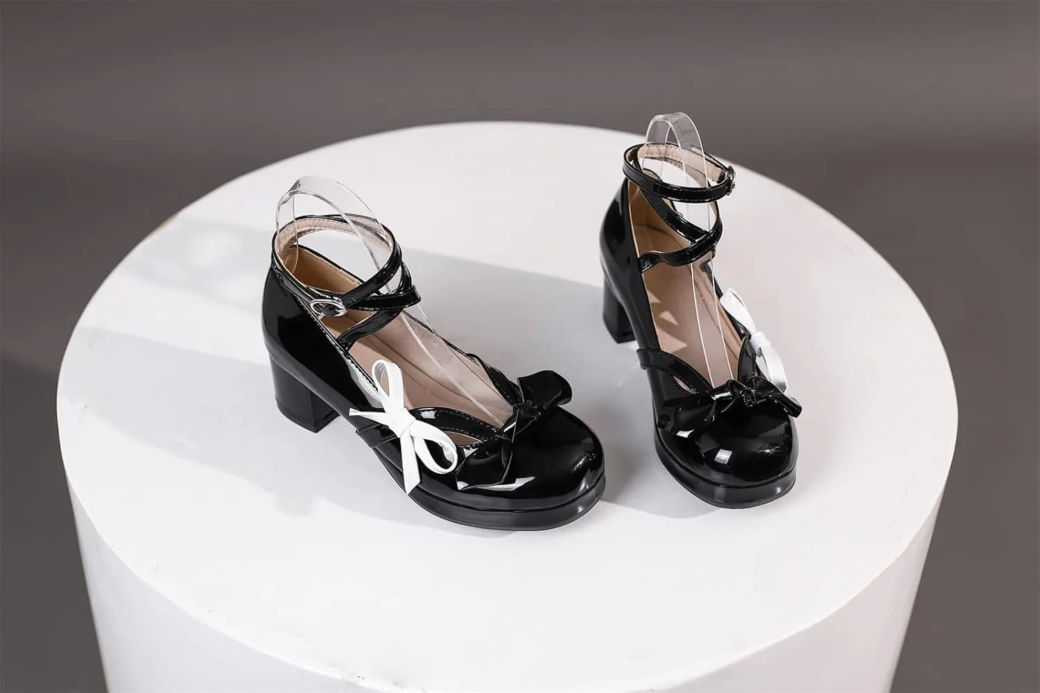 Women's Block Thick Heel Platform Sweet Bow Solid Lolita Pumps Patent Leather Round Toe Cross-Tied Fashion Mary Janes Pumps Uniform Shoes