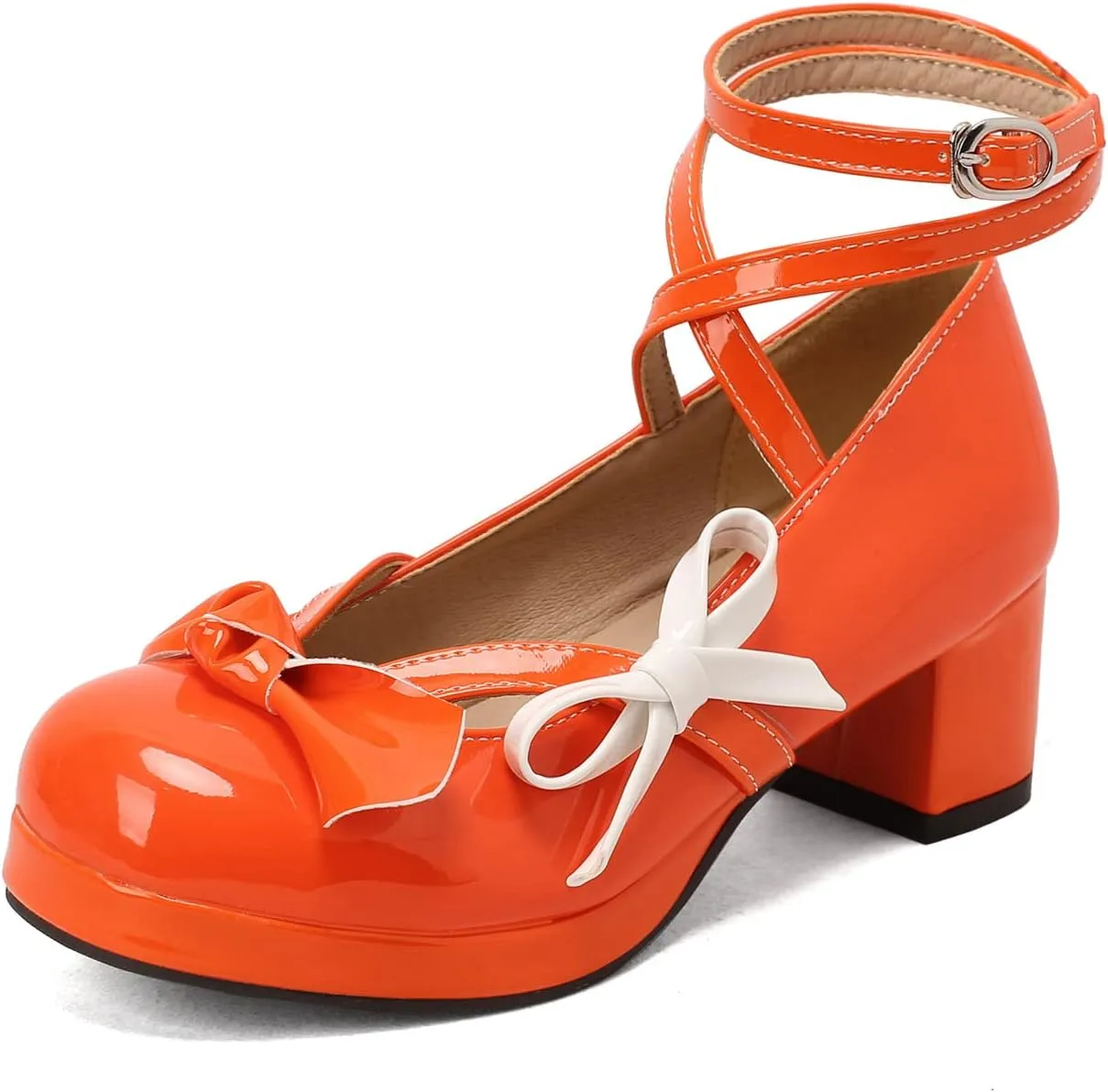 Women's Block Thick Heel Platform Sweet Bow Solid Lolita Pumps Patent Leather Round Toe Cross-Tied Fashion Mary Janes Pumps Uniform Shoes