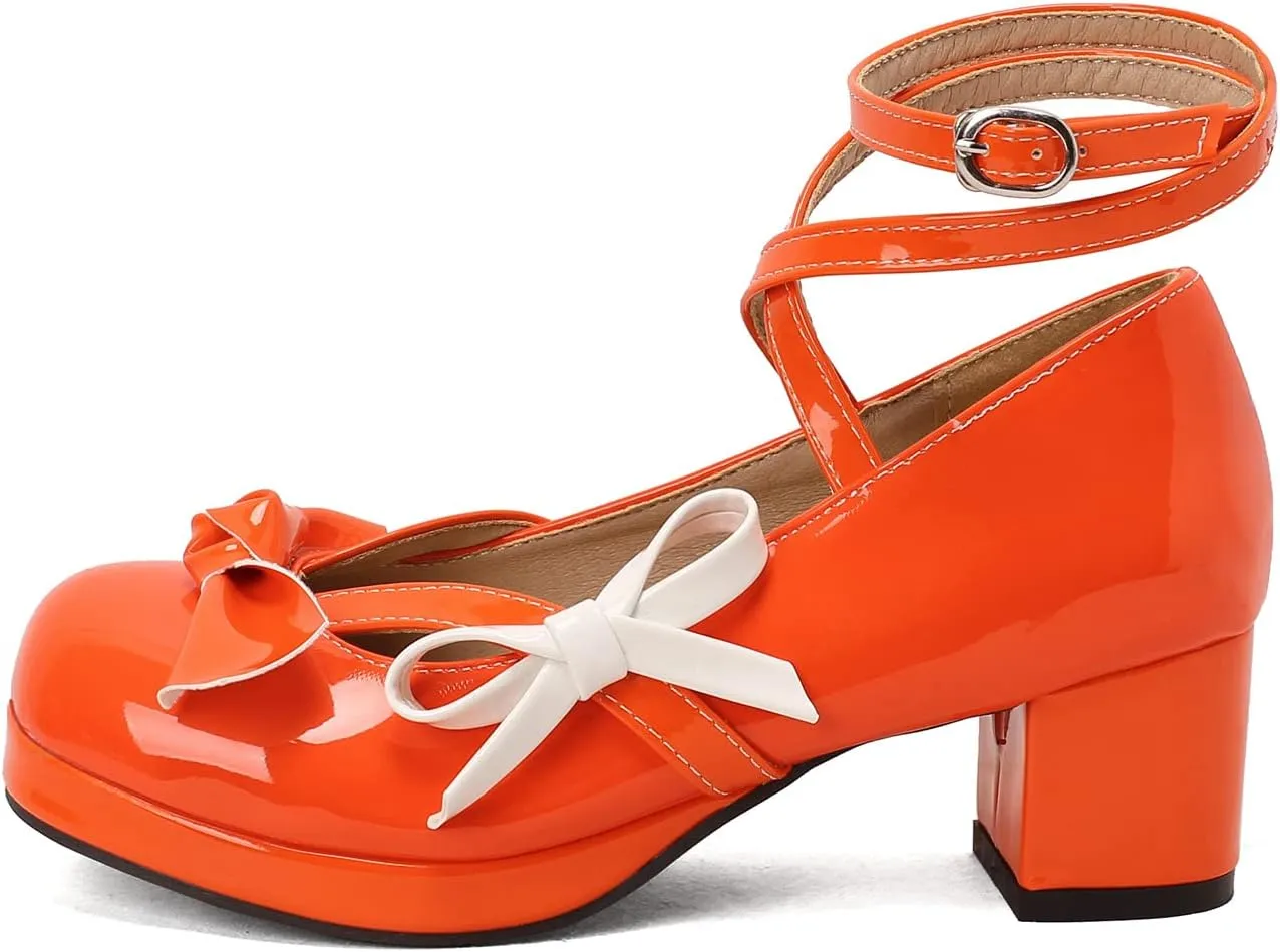 Women's Block Thick Heel Platform Sweet Bow Solid Lolita Pumps Patent Leather Round Toe Cross-Tied Fashion Mary Janes Pumps Uniform Shoes