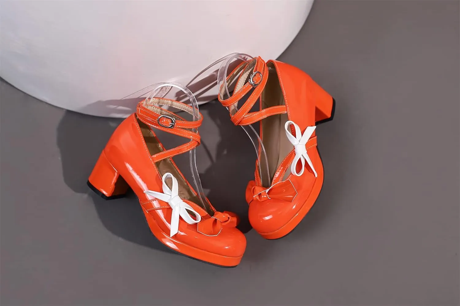 Women's Block Thick Heel Platform Sweet Bow Solid Lolita Pumps Patent Leather Round Toe Cross-Tied Fashion Mary Janes Pumps Uniform Shoes