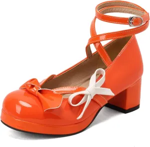 Women's Block Thick Heel Platform Sweet Bow Solid Lolita Pumps Patent Leather Round Toe Cross-Tied Fashion Mary Janes Pumps Uniform Shoes