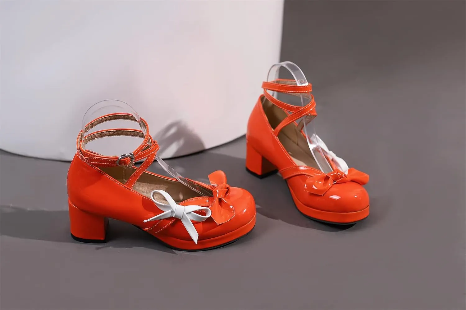 Women's Block Thick Heel Platform Sweet Bow Solid Lolita Pumps Patent Leather Round Toe Cross-Tied Fashion Mary Janes Pumps Uniform Shoes