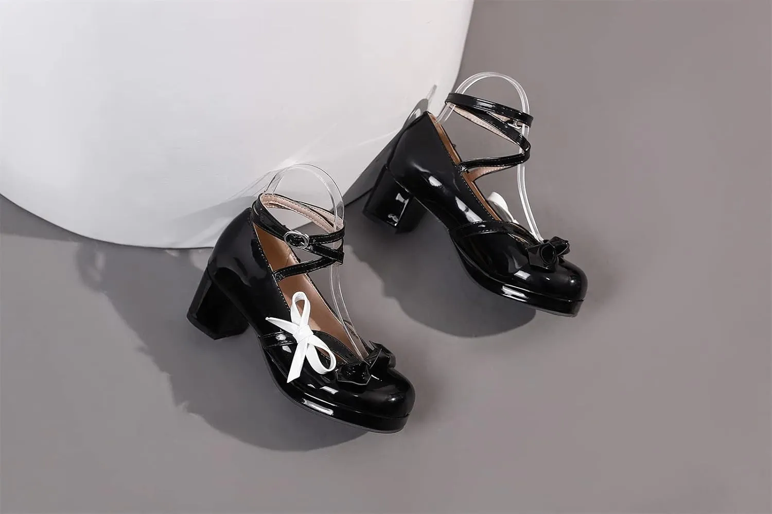 Women's Block Thick Heel Platform Sweet Bow Solid Lolita Pumps Patent Leather Round Toe Cross-Tied Fashion Mary Janes Pumps Uniform Shoes