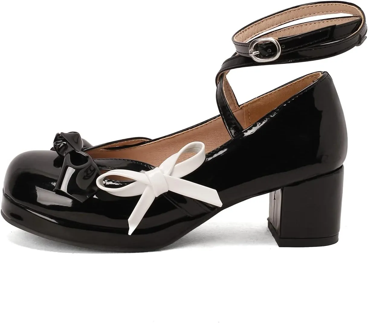 Women's Block Thick Heel Platform Sweet Bow Solid Lolita Pumps Patent Leather Round Toe Cross-Tied Fashion Mary Janes Pumps Uniform Shoes