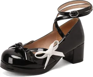 Women's Block Thick Heel Platform Sweet Bow Solid Lolita Pumps Patent Leather Round Toe Cross-Tied Fashion Mary Janes Pumps Uniform Shoes
