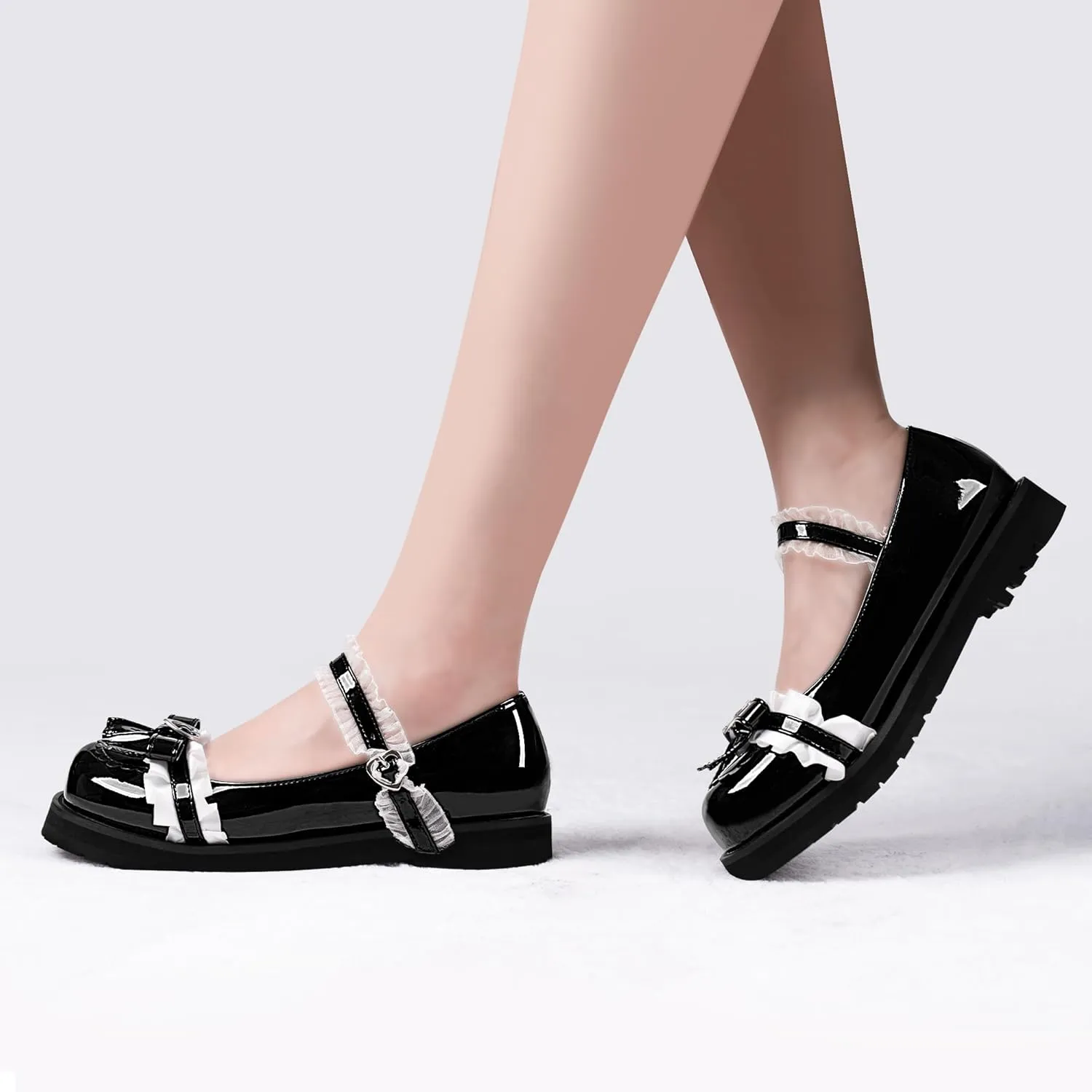 Women's Bow Mary Janes Flats Kawaii Lace Ankle Strap Platform Shoes