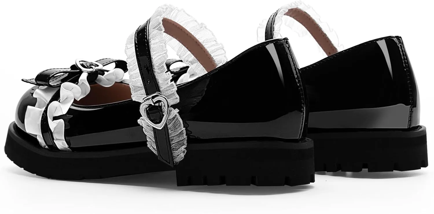 Women's Bow Mary Janes Flats Kawaii Lace Ankle Strap Platform Shoes