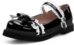 Women's Bow Mary Janes Flats Kawaii Lace Ankle Strap Platform Shoes