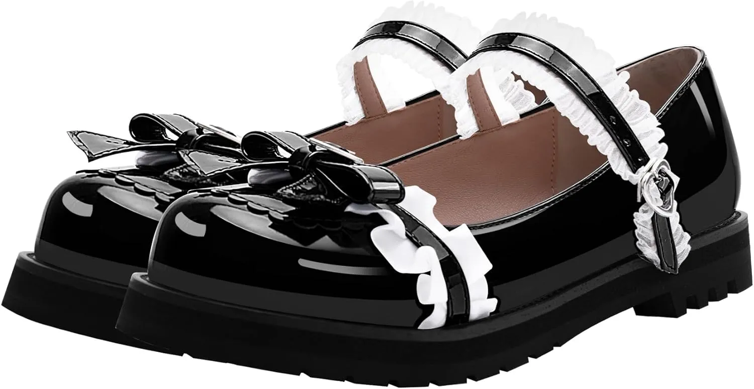Women's Bow Mary Janes Flats Kawaii Lace Ankle Strap Platform Shoes