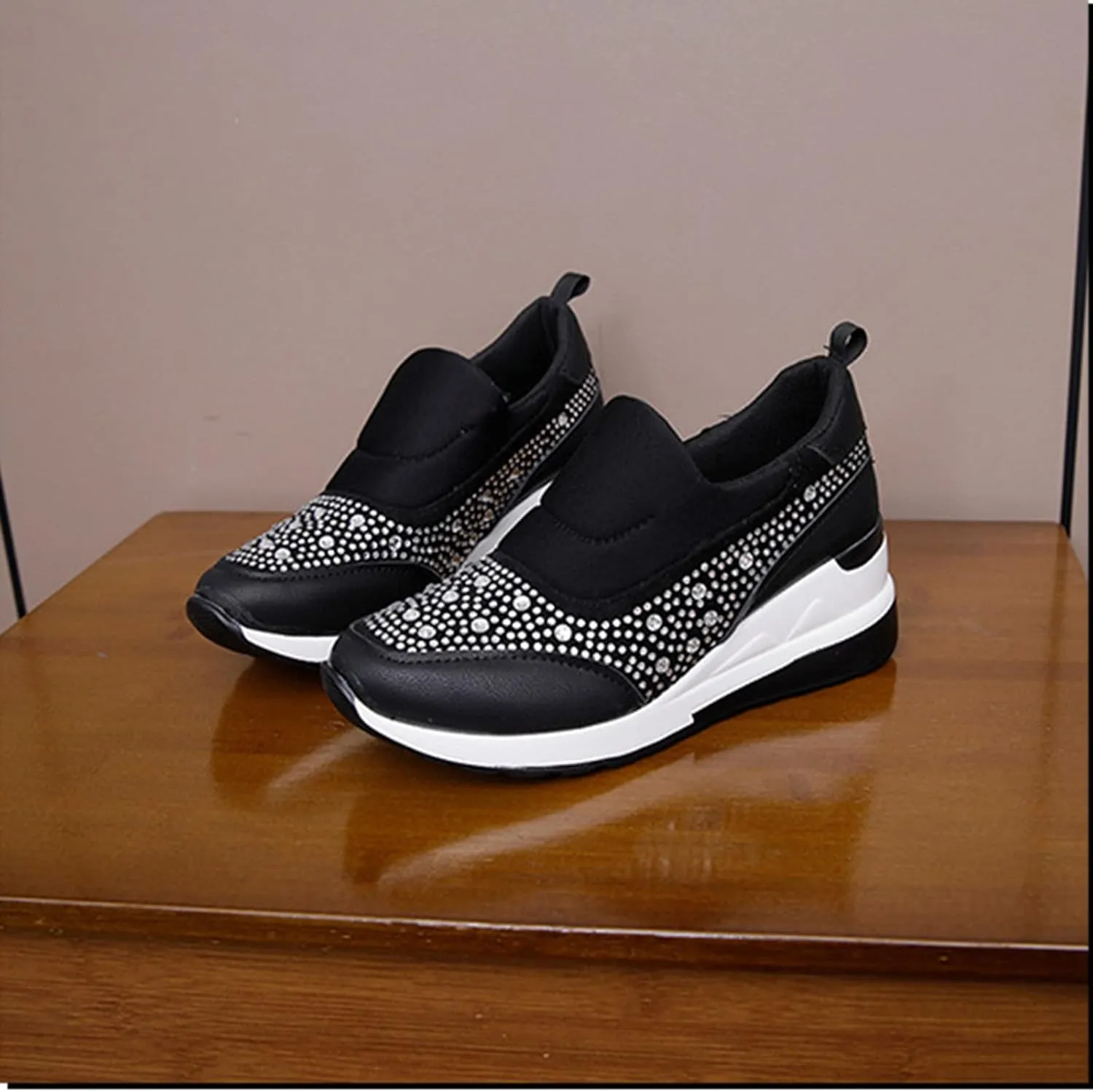 Women's Casual Shoes Fashion Rhinestones Platform Wedge Slip-on Sneakers Classic Comfort Low Top Walking Booties