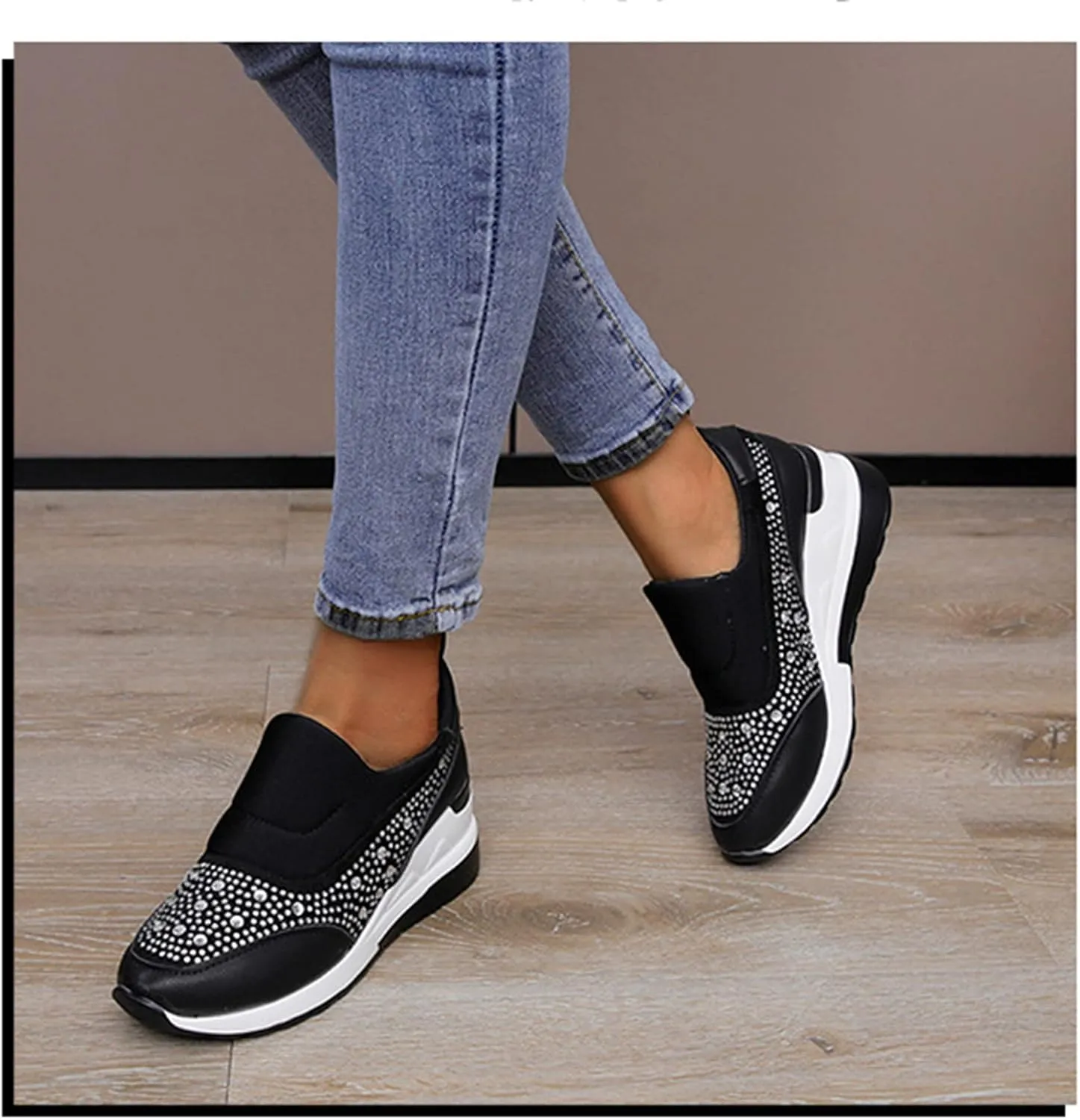 Women's Casual Shoes Fashion Rhinestones Platform Wedge Slip-on Sneakers Classic Comfort Low Top Walking Booties