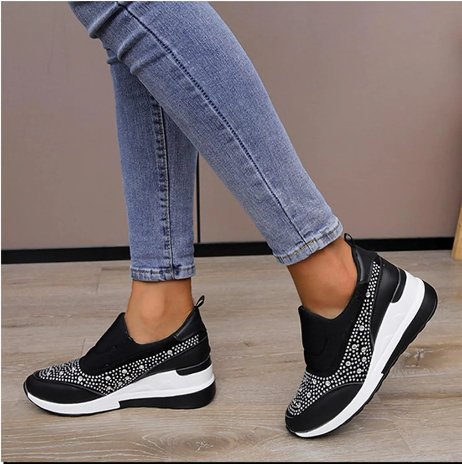 Women's Casual Shoes Fashion Rhinestones Platform Wedge Slip-on Sneakers Classic Comfort Low Top Walking Booties
