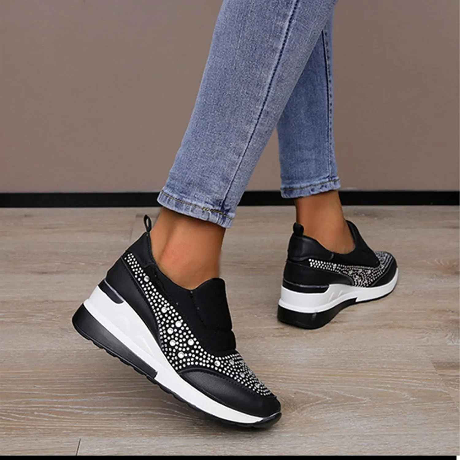 Women's Casual Shoes Fashion Rhinestones Platform Wedge Slip-on Sneakers Classic Comfort Low Top Walking Booties
