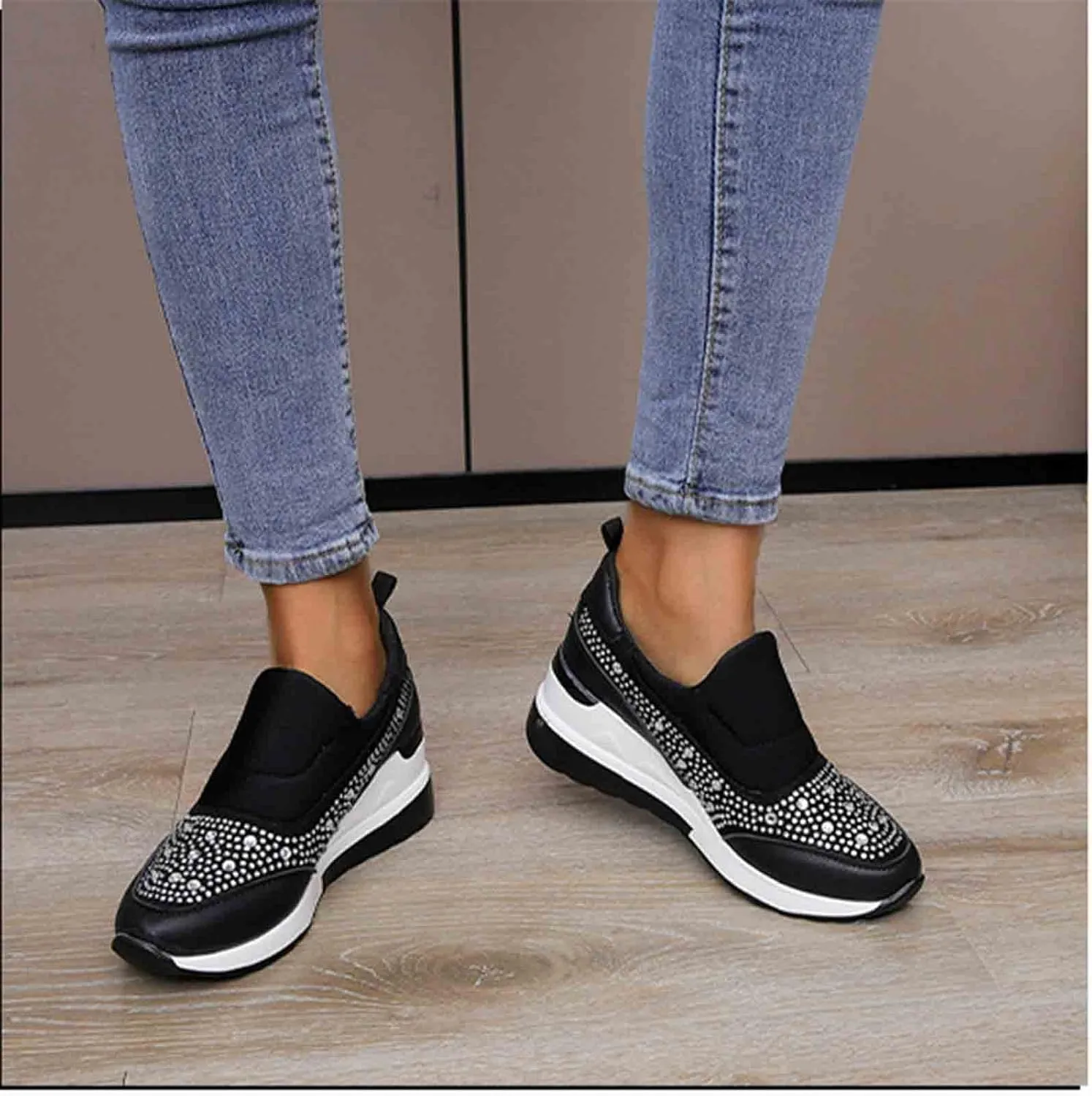 Women's Casual Shoes Fashion Rhinestones Platform Wedge Slip-on Sneakers Classic Comfort Low Top Walking Booties