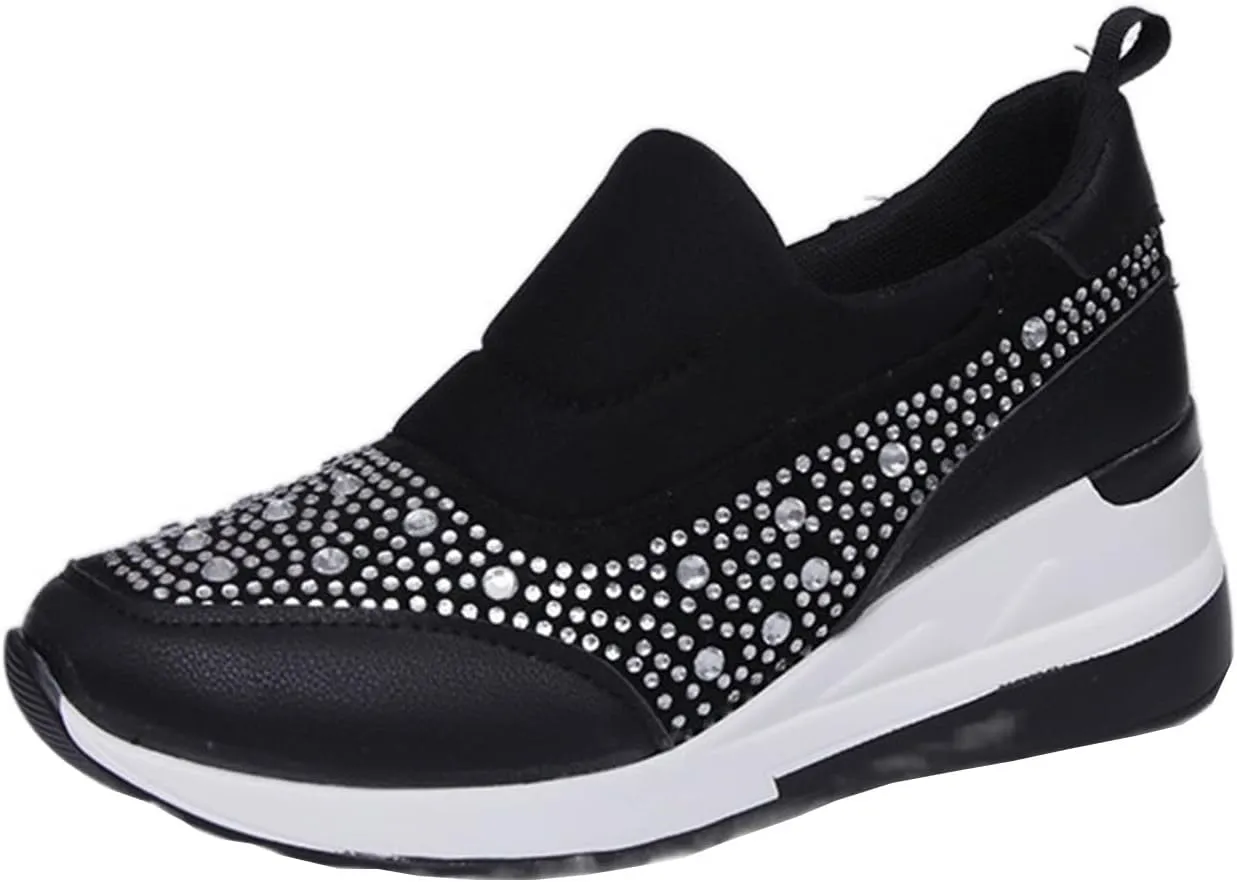 Women's Casual Shoes Fashion Rhinestones Platform Wedge Slip-on Sneakers Classic Comfort Low Top Walking Booties
