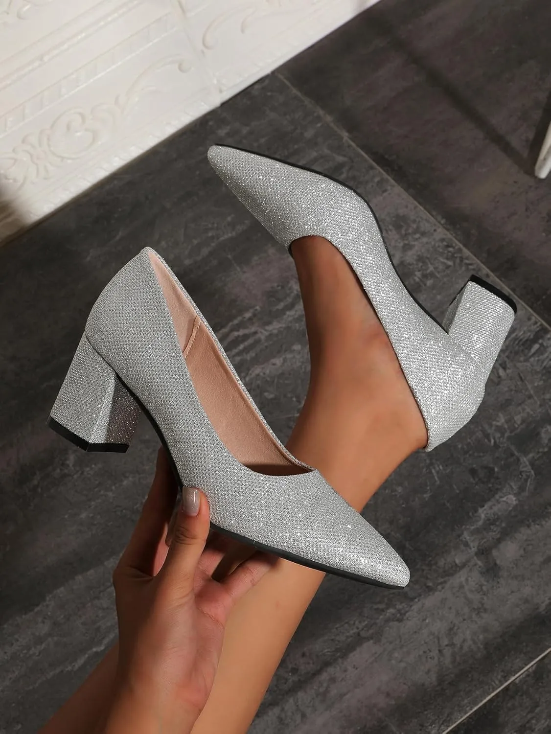 Women's Chunky Block Heel Glitter Pointed Toe Classic Work Dress Pumps Slip On Closed Toe Mid Heels for Women Office Wedding Party Daily Ladies Shoes 2.36 Inch