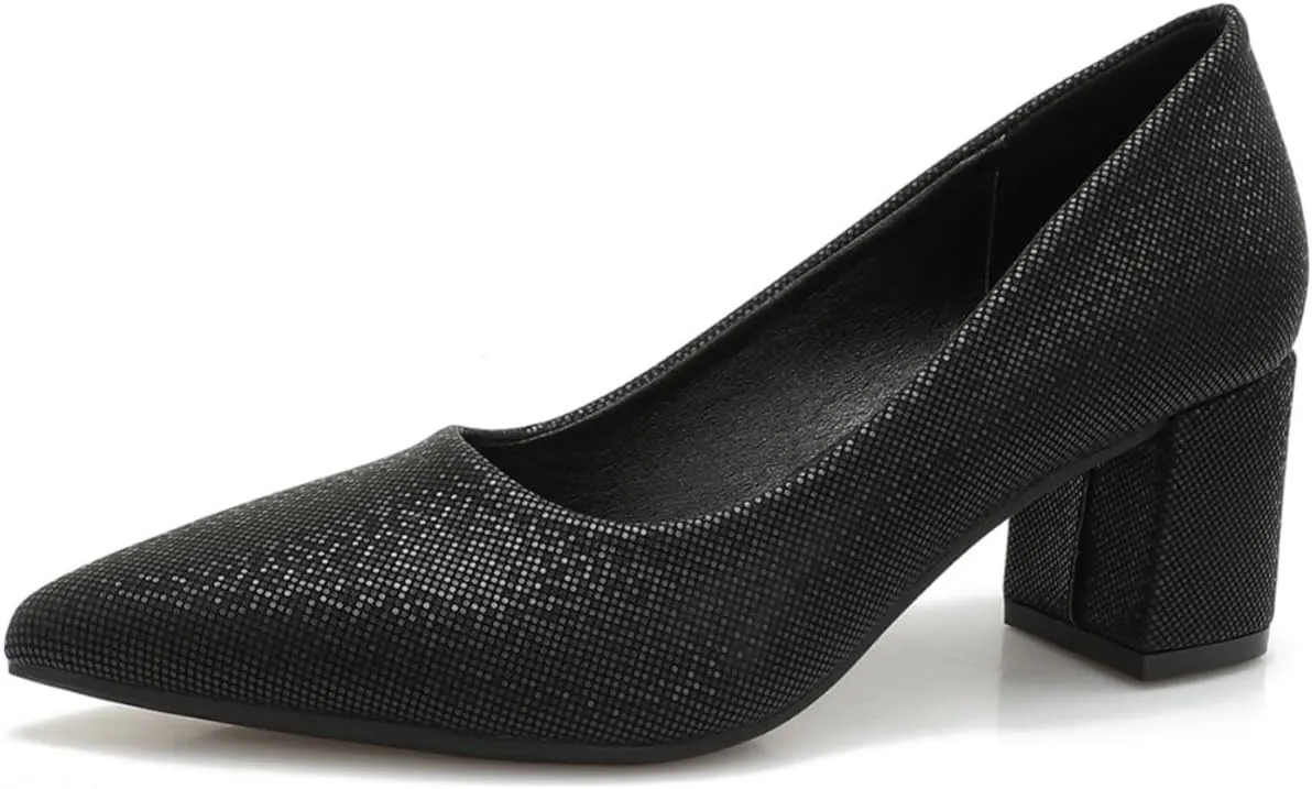 Women's Chunky Block Heel Glitter Pointed Toe Classic Work Dress Pumps Slip On Closed Toe Mid Heels for Women Office Wedding Party Daily Ladies Shoes 2.36 Inch