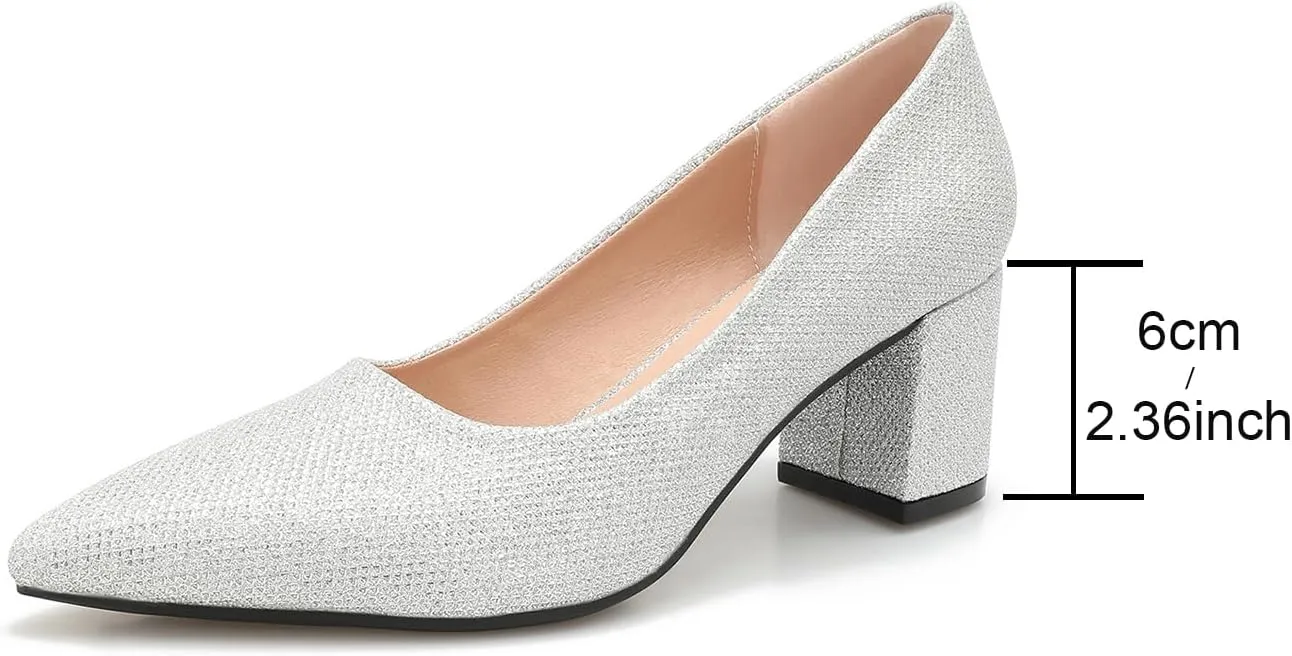 Women's Chunky Block Heel Glitter Pointed Toe Classic Work Dress Pumps Slip On Closed Toe Mid Heels for Women Office Wedding Party Daily Ladies Shoes 2.36 Inch