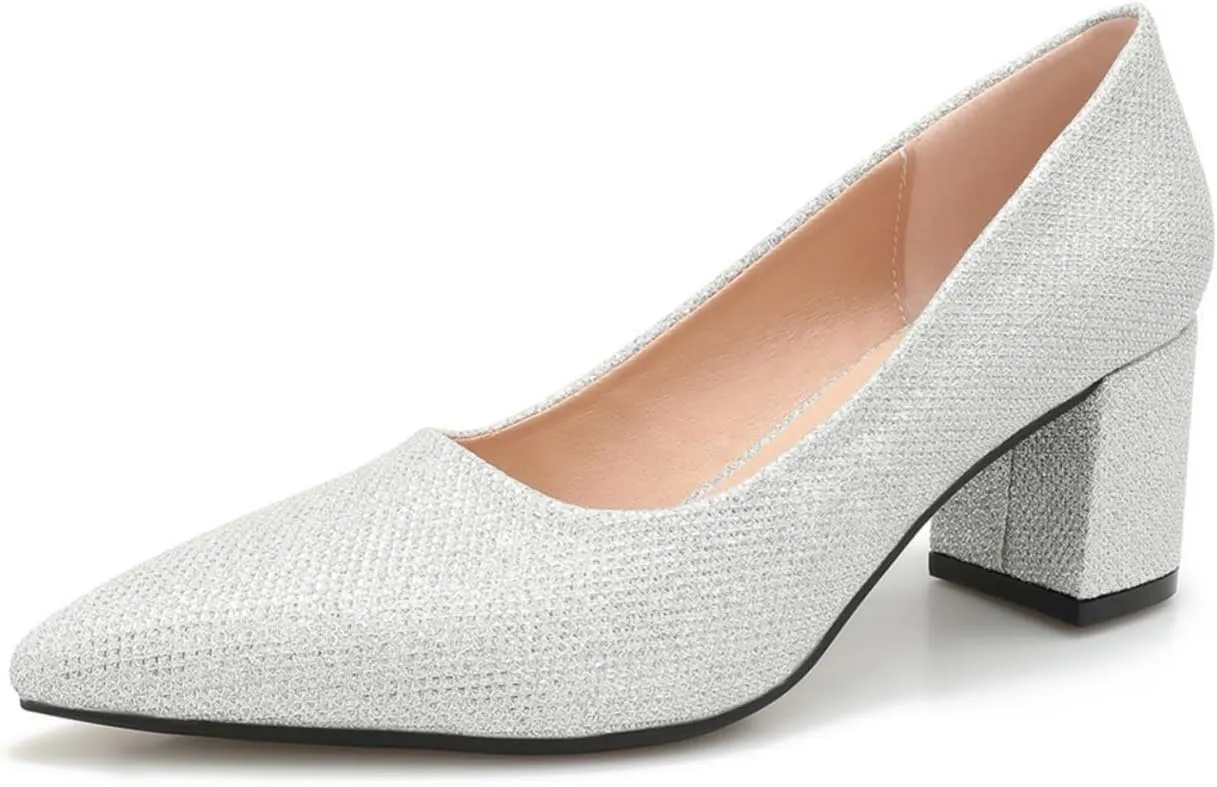 Women's Chunky Block Heel Glitter Pointed Toe Classic Work Dress Pumps Slip On Closed Toe Mid Heels for Women Office Wedding Party Daily Ladies Shoes 2.36 Inch