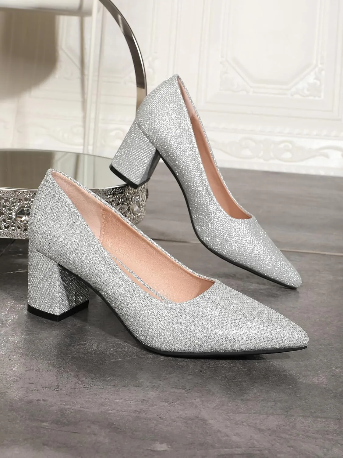 Women's Chunky Block Heel Glitter Pointed Toe Classic Work Dress Pumps Slip On Closed Toe Mid Heels for Women Office Wedding Party Daily Ladies Shoes 2.36 Inch
