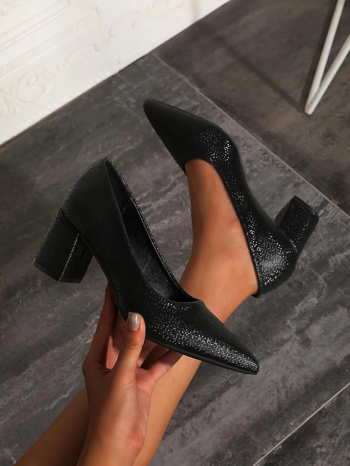 Women's Chunky Block Heel Glitter Pointed Toe Classic Work Dress Pumps Slip On Closed Toe Mid Heels for Women Office Wedding Party Daily Ladies Shoes 2.36 Inch