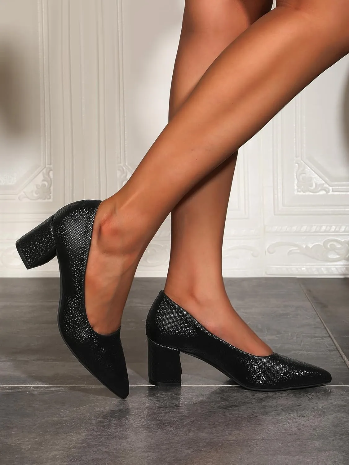 Women's Chunky Block Heel Glitter Pointed Toe Classic Work Dress Pumps Slip On Closed Toe Mid Heels for Women Office Wedding Party Daily Ladies Shoes 2.36 Inch